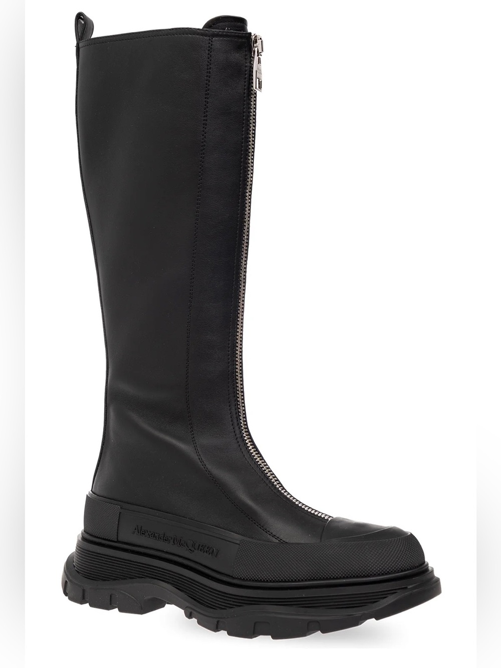 Alexander McQueen Black Leather Knee Boot with Front Zip Sz 9.5